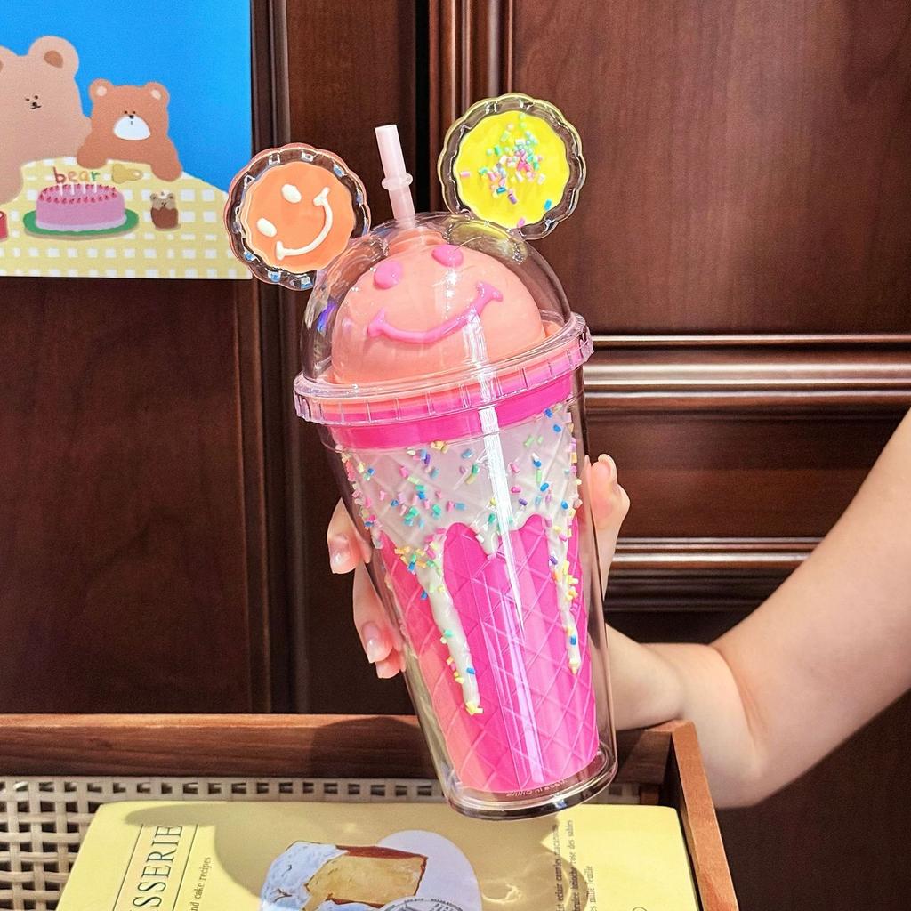 Fashion and Creative Smiley Face Water Cup Large Capacity Bingba Straw Cup Plastic Cup Exquisite Lady Gift