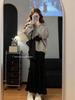 2026 Spring Grey Sweater & High-Waist Skirt Set with Tie-Up Bow Design
