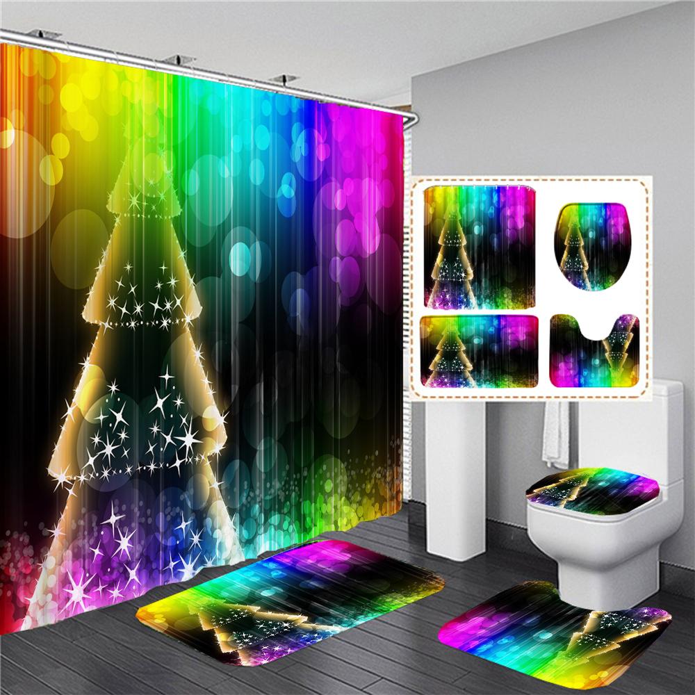 

New Merry Christmas Bathroom Shower Curtains Snowflake Christmas Tree Festival Decor Toilet Lid Cover Mat Bath Non-Slip Rug W60H190(CM)-1 Pcs