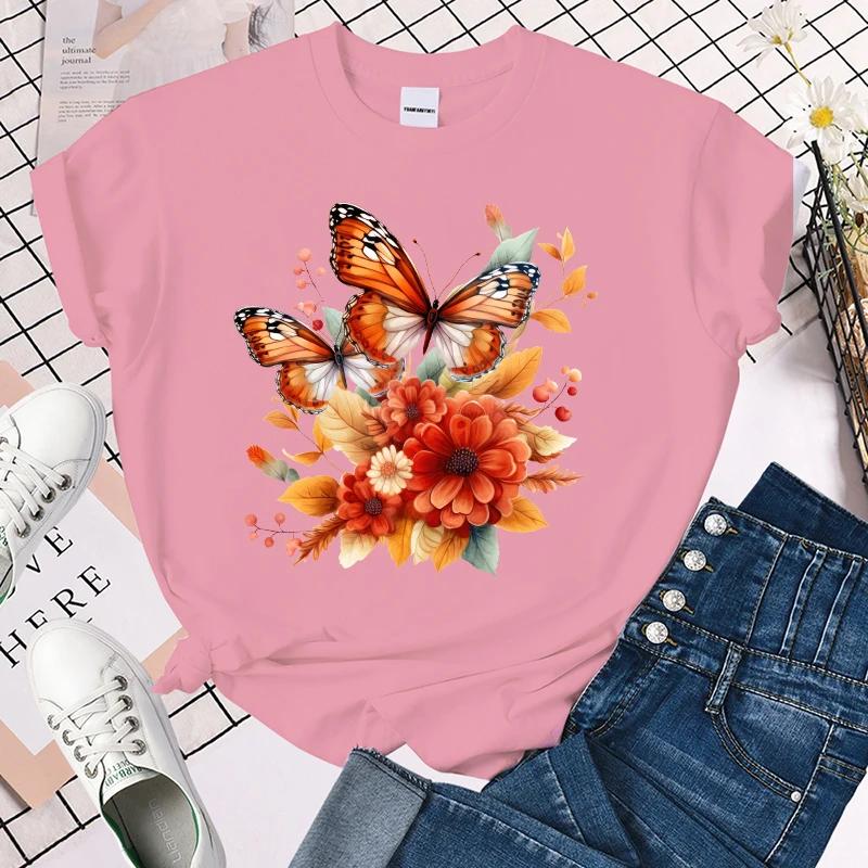 Cute Fall Flower Butterfly Print T Shirts For Women&Girls Casual Round Neck Tees Top Summer Women`S Loose tops