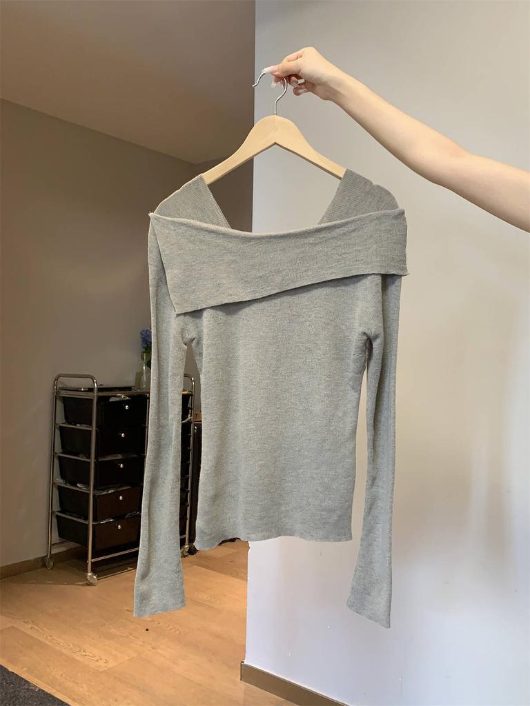Chic One-word Shoulder Knitted Bottoming Shirt Women's Spring Slim-fit Spice Girls Irregular Inner Top Temperament Sweater
