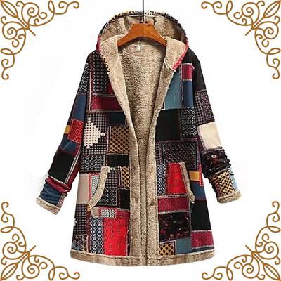 Womens Fashion Ethnic Style Printed Hooded Mid- Long Coat Loose Outwear Match Colors Plus Size Coat