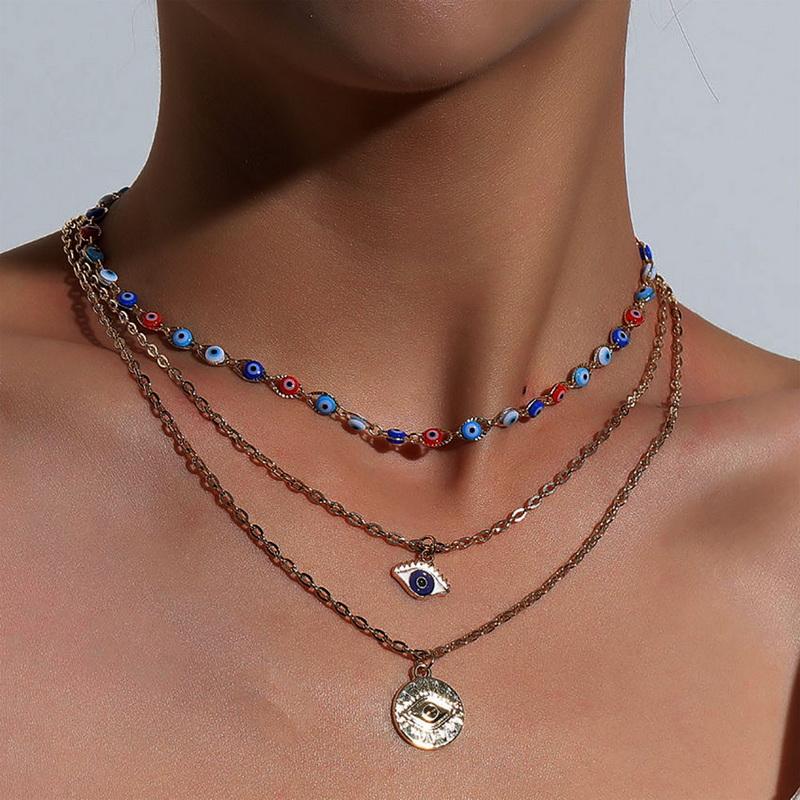 Boho Gothic Multilayer Evil Eye Pendant Necklace For Women Gold Color Turkish Metal Clavicle Chain Choker Beach Party Jewelry