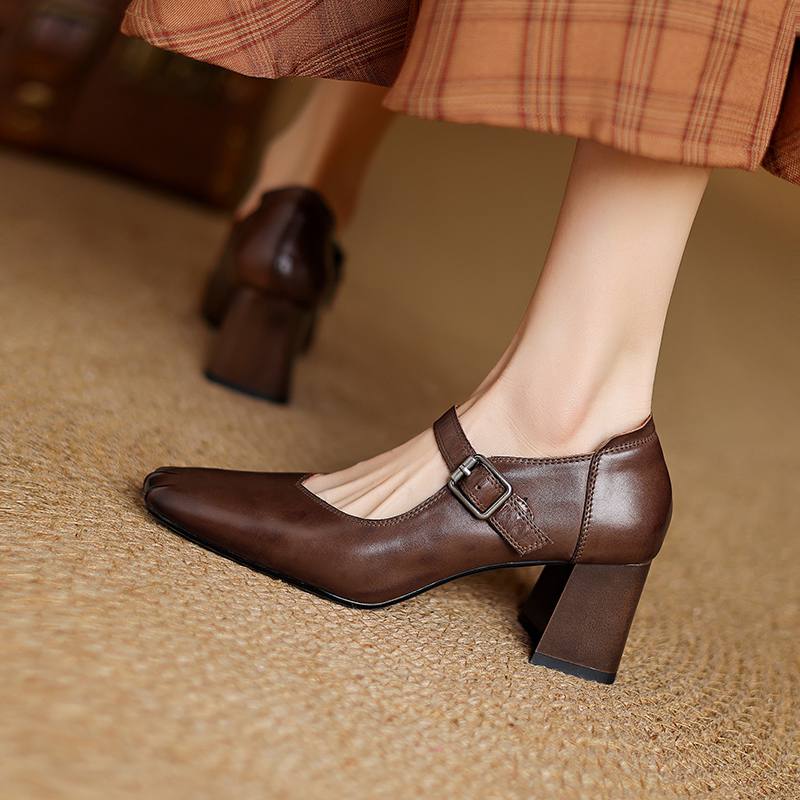Krazing Pot Módní jarní a podzimní boty s hrubým podpatkem a přezkami, dámské boty Mary Janes s čtvercovou špičkou a lodičky z kravské kůže