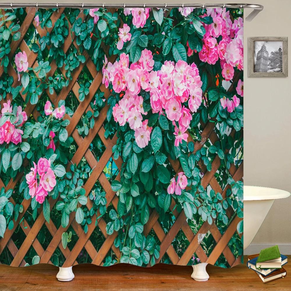 Green Plant Leaves Window Garden Printing Bathroom Shower Curtain Landscape Home Decoration Waterproof Curtain with Hook Curtain