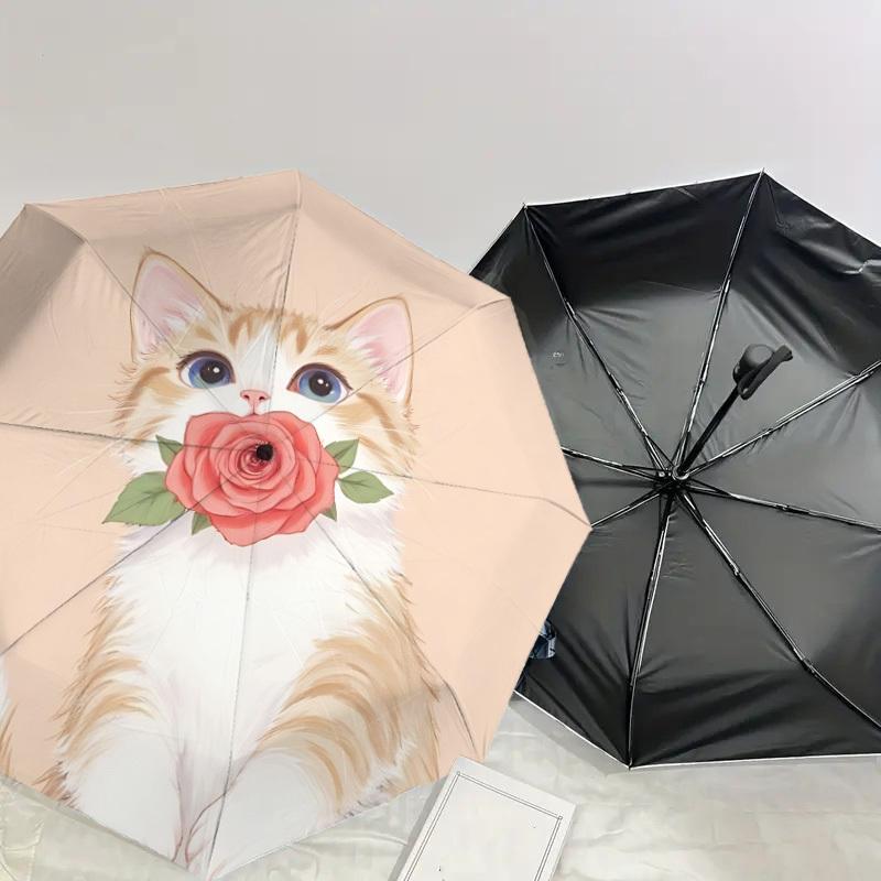Adorable Cat with Rose Print Umbrella: Automatic Opening/Closing, Outdoor Protection, Lightweight and Durable Travel Accessory 087