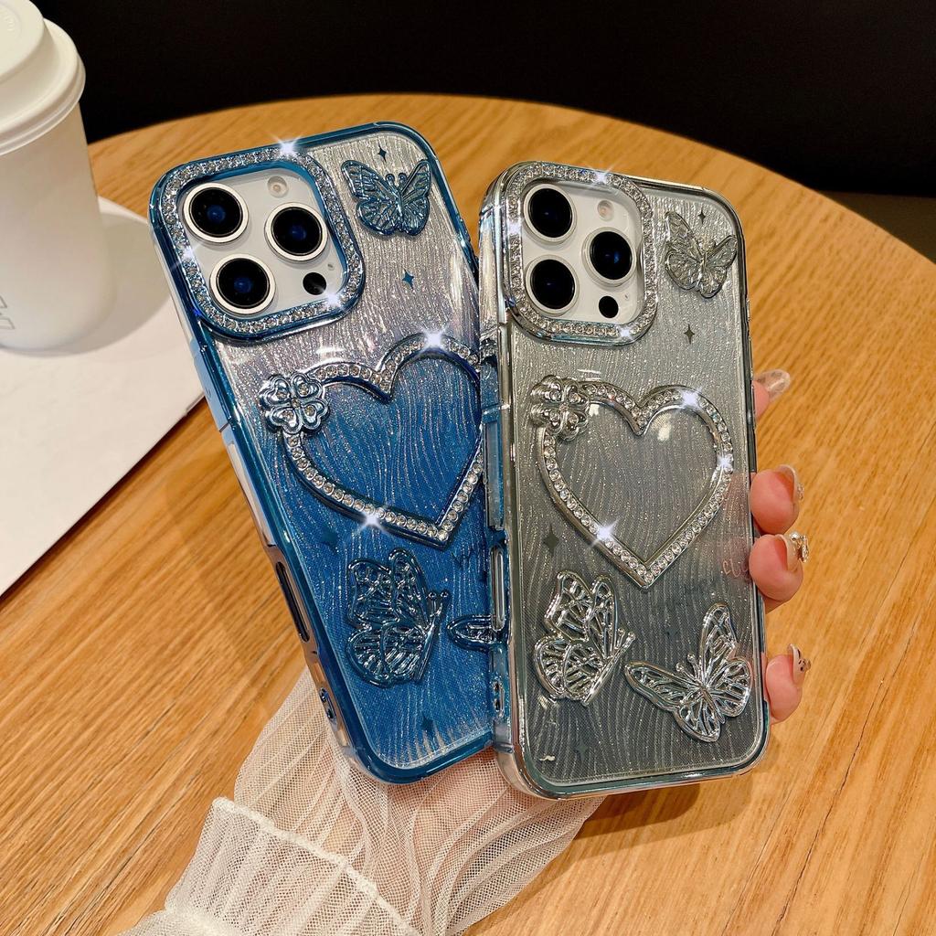 For IPhone 16 Promax Sparkling Diamond Phone Case for Apple 15 Love Butterfly 14 Gradient Sparkling Pink Soft Case