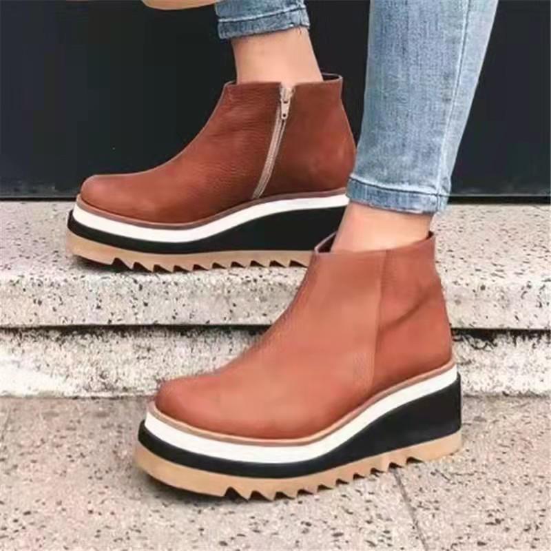 Neue Mode Winter Keilabsatz Damenstiefel Bequeme Stiefeletten Schuhe Runde Zehen 4cm Absatz Reißverschluss Verdickung Botas De Mujer43