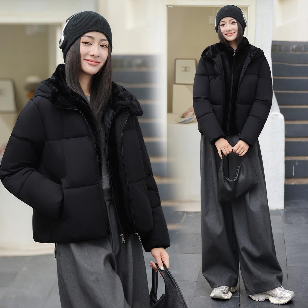Winter new European and American hooded cotton-padded clothes women's hooded short spliced down cotton-padded jackets