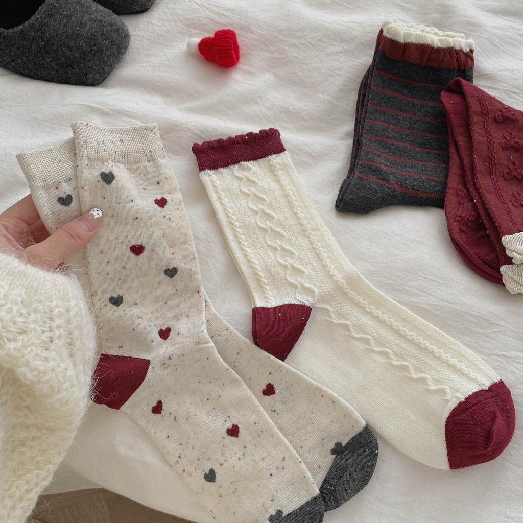 Berry Red Series'New Socks Rhombus Bow Medium Tube Socks Polka Dot Stacking Socks