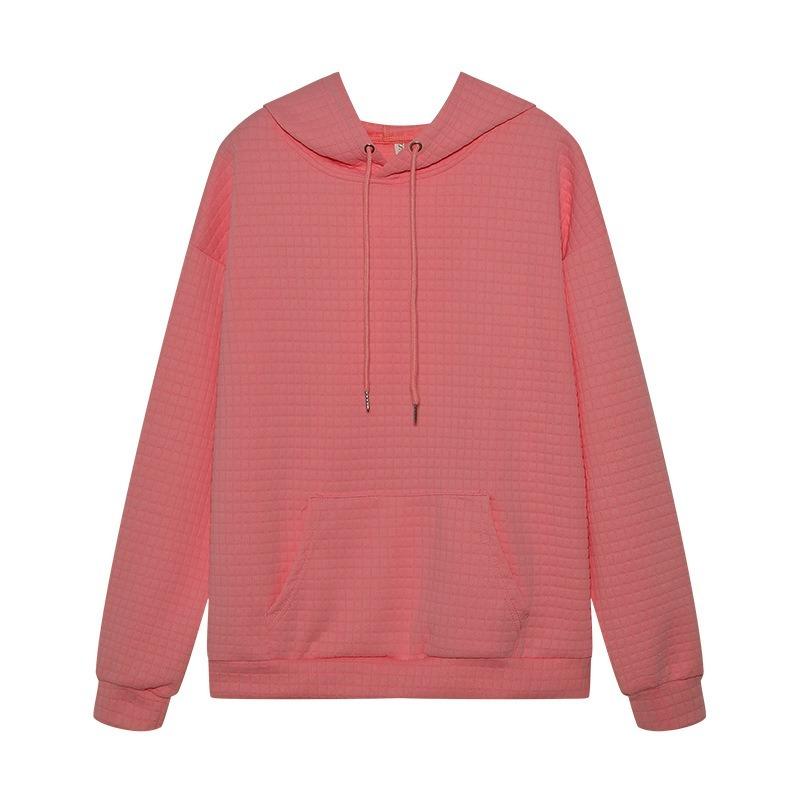 Waffle Grid Kangaroo Pocket Hoodie, Casual Long Sleeve Drawstring Hoodies Sweatshirt, Women's Clothing