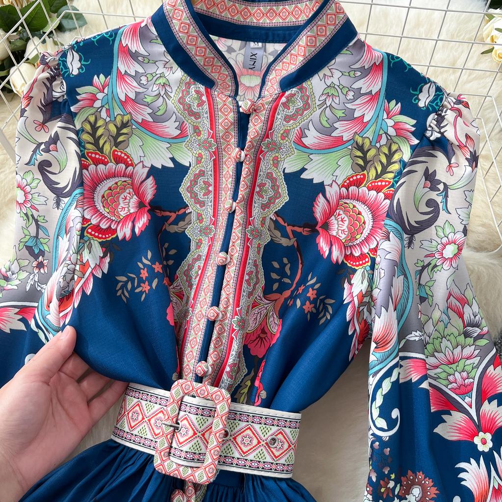 Frühling Herbst Damen Designer Runway Kleid Stehkragen Vintage Print Einreiher Urlaub Party Kleider mit Gürtel