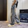 American retro high street ripped jeans men's summer tie-dye washed ruffian handsome dirty casual straight wide-leg pants