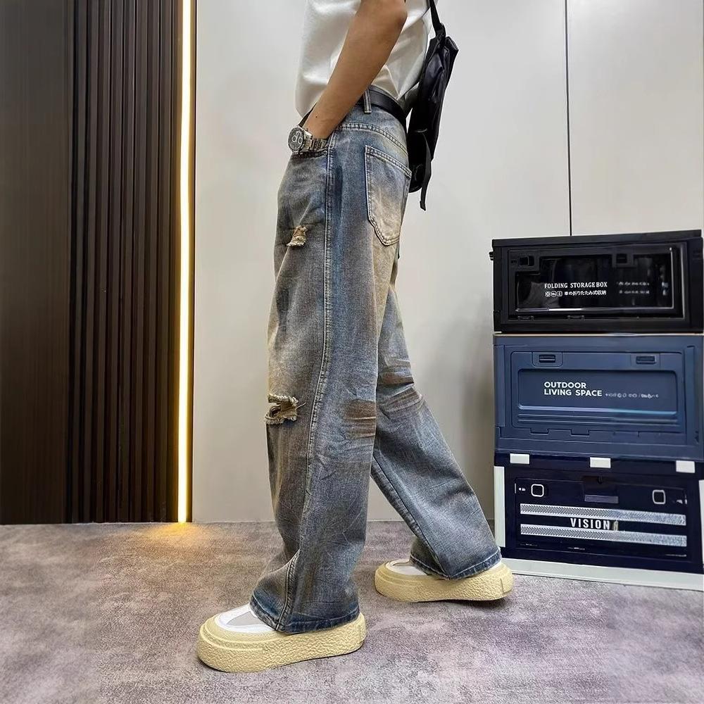 American retro high street ripped jeans men's summer tie-dye washed ruffian handsome dirty casual straight wide-leg pants