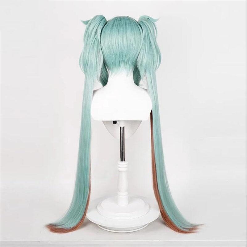 Miku Rascal Cosplay-Perücke, kleiner Teufel, lang, cyanfarben, mit Pferdeschwanz, hitzebeständiges Kunsthaar, Halloween-Anime-Perücken + Perückenkappe