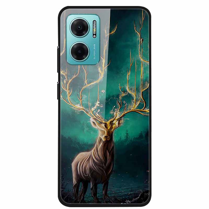 Case For Xiaomi Redmi Note 11E Luxury Tempered Glass Hard Back Cover For Redmi Note 11E Capa Shockproof Flower Funda Wolf Coque