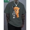 Men's 100% Pure Cotton Summer Loose Oversized Casual Mechanical Bear Pattern Printed Sports Round Neck Short Sleeved T-shirt Top
