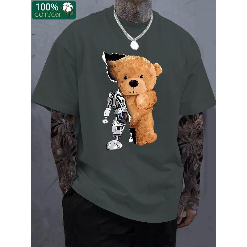 Men's 100% Pure Cotton Summer Loose Oversized Casual Mechanical Bear Pattern Printed Sports Round Neck Short Sleeved T-shirt Top