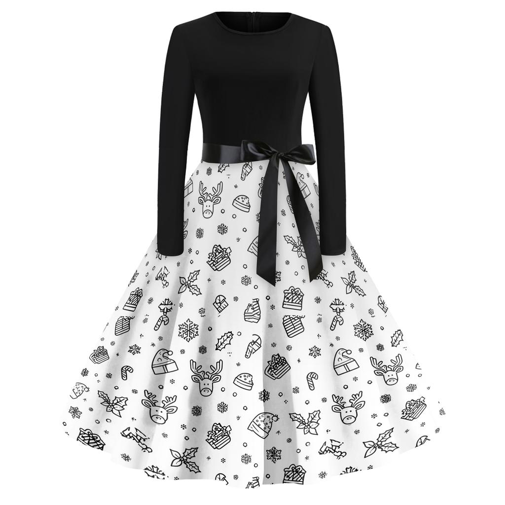 Women's Casual Fashion Round Neck Christmas Printed Vintage Dress