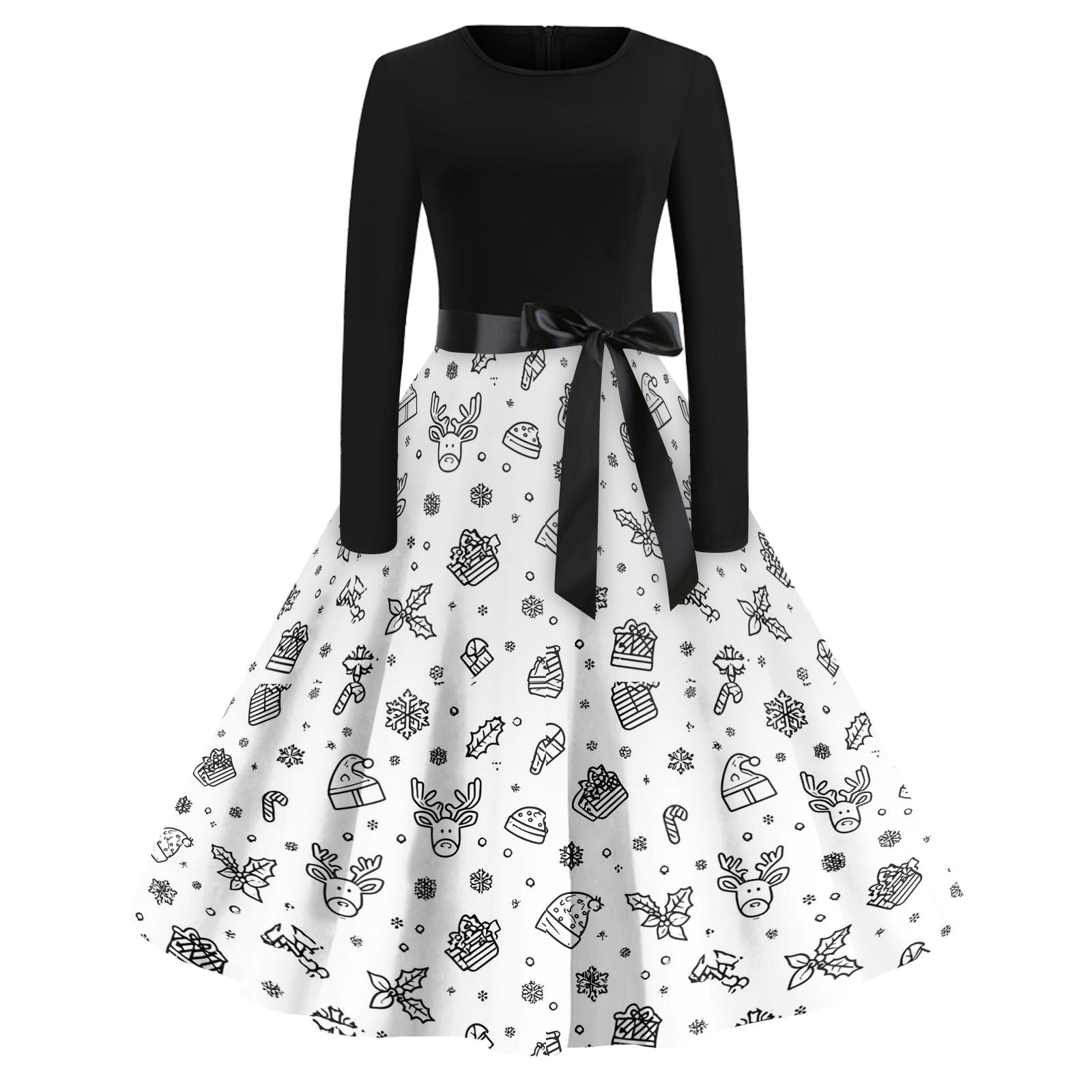 

Женское повседневное модное платье винтажного стиля с круглым вырезом и рождественским принтом M
