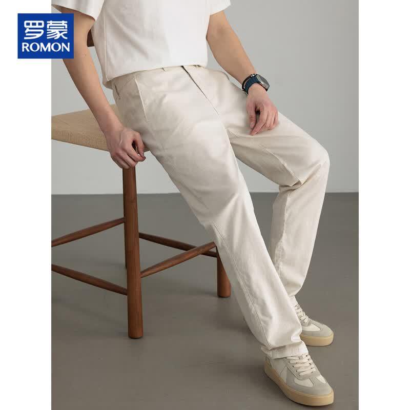 ROMON Men's Cotton-Linen Straight-Leg Casual Pants