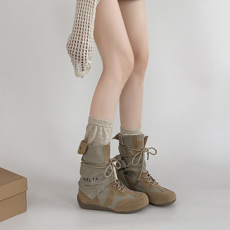 Versatile retro style splicing design sense boots women's autumn and winter fashion color matching lace-up thick-soled tooling boots short boots