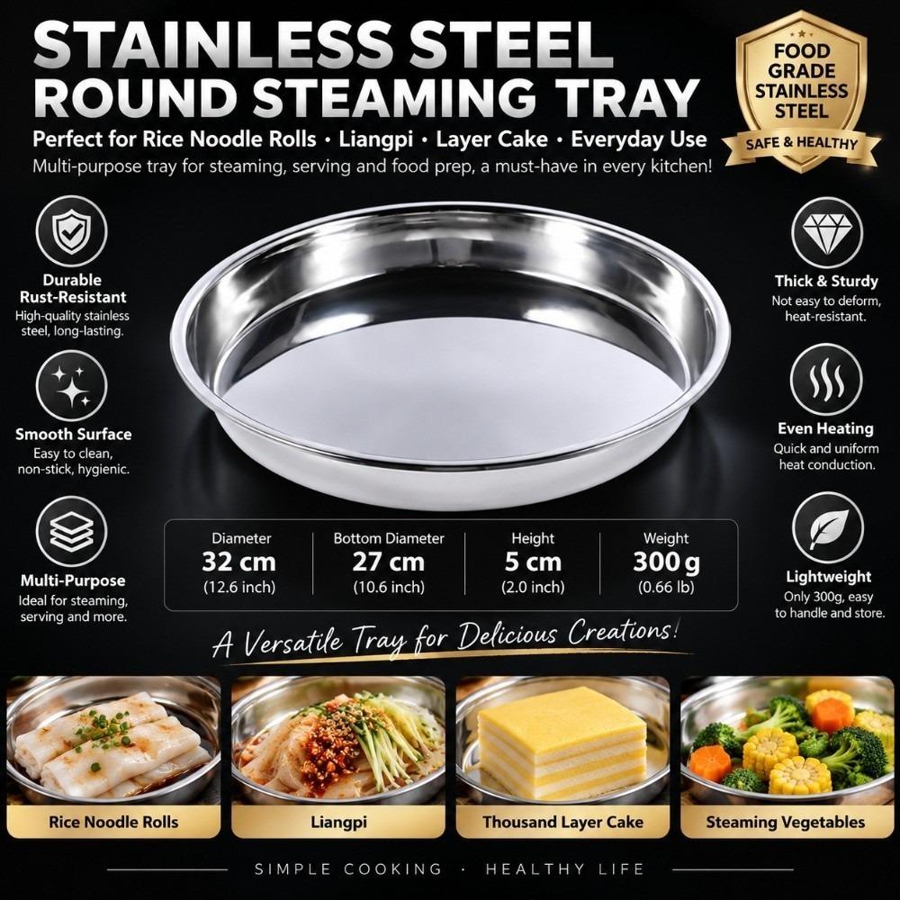 Rustproof Round Plate Shallow Tray Flat Stainless Steel Dining Dish Durable Food Container BBQ