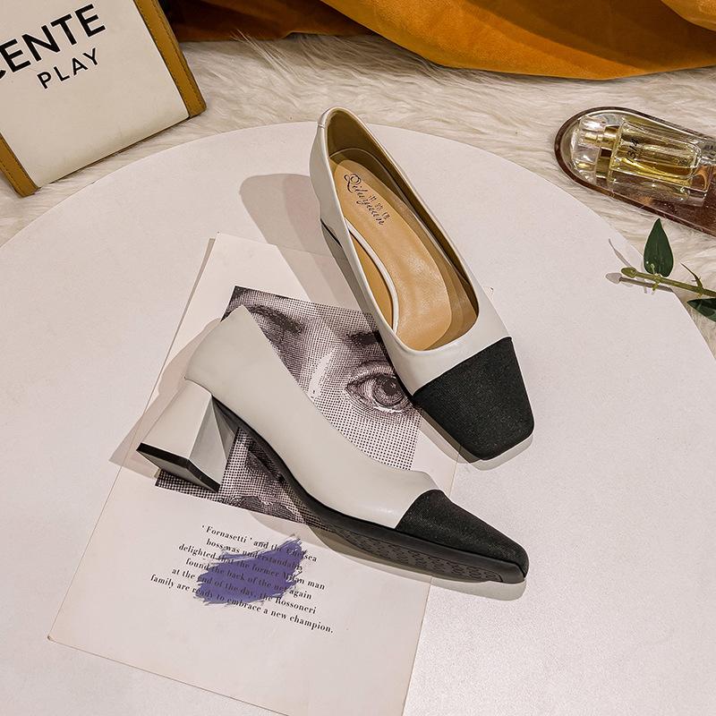 thick heel high heels women's new color matching women's shoes square head work shoes are not tired feet small fragrant style medium heel single shoes