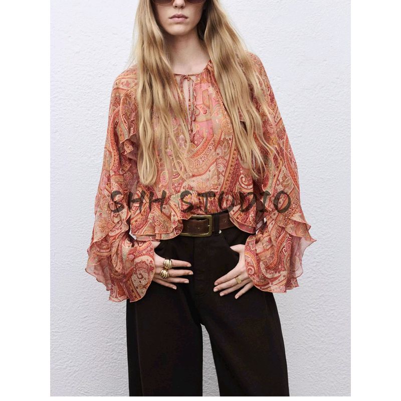 Fall Women's Clothing round Neck Paisley Print Horn Long Sleeves Ruffles Loose Shirt Top 17054448