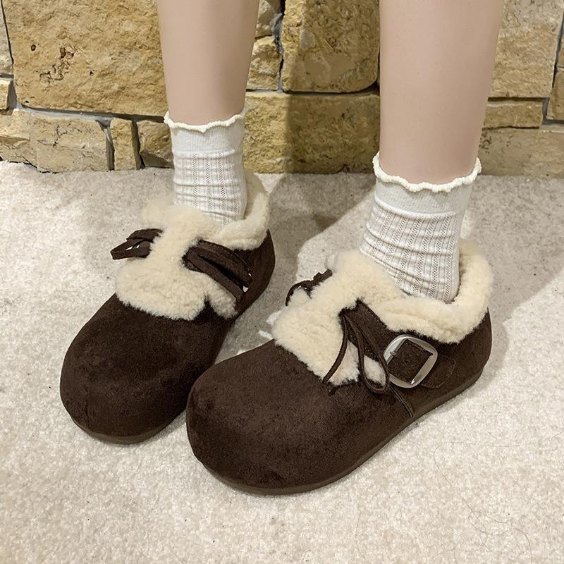 Damen Herbst- und Winter-Neuheiten mit flachem Boden, innen erhöhend, zum Schnüren, retro, flauschige Loafer, Baumwollschuhe und Plüsch-Schneestiefel