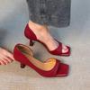 Sheepskin Edition: Genuine Leather Silver Peep-Toe Cut-Out Women's Retro Square Toe Slip-On High Heels.