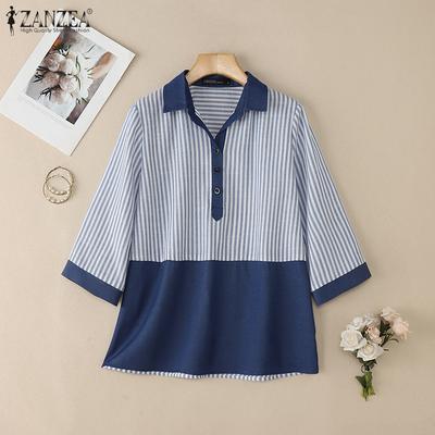 Damska bluzka w paski, casualowa, z kołnierzykiem typu wykładanego, z rękawem 3/4