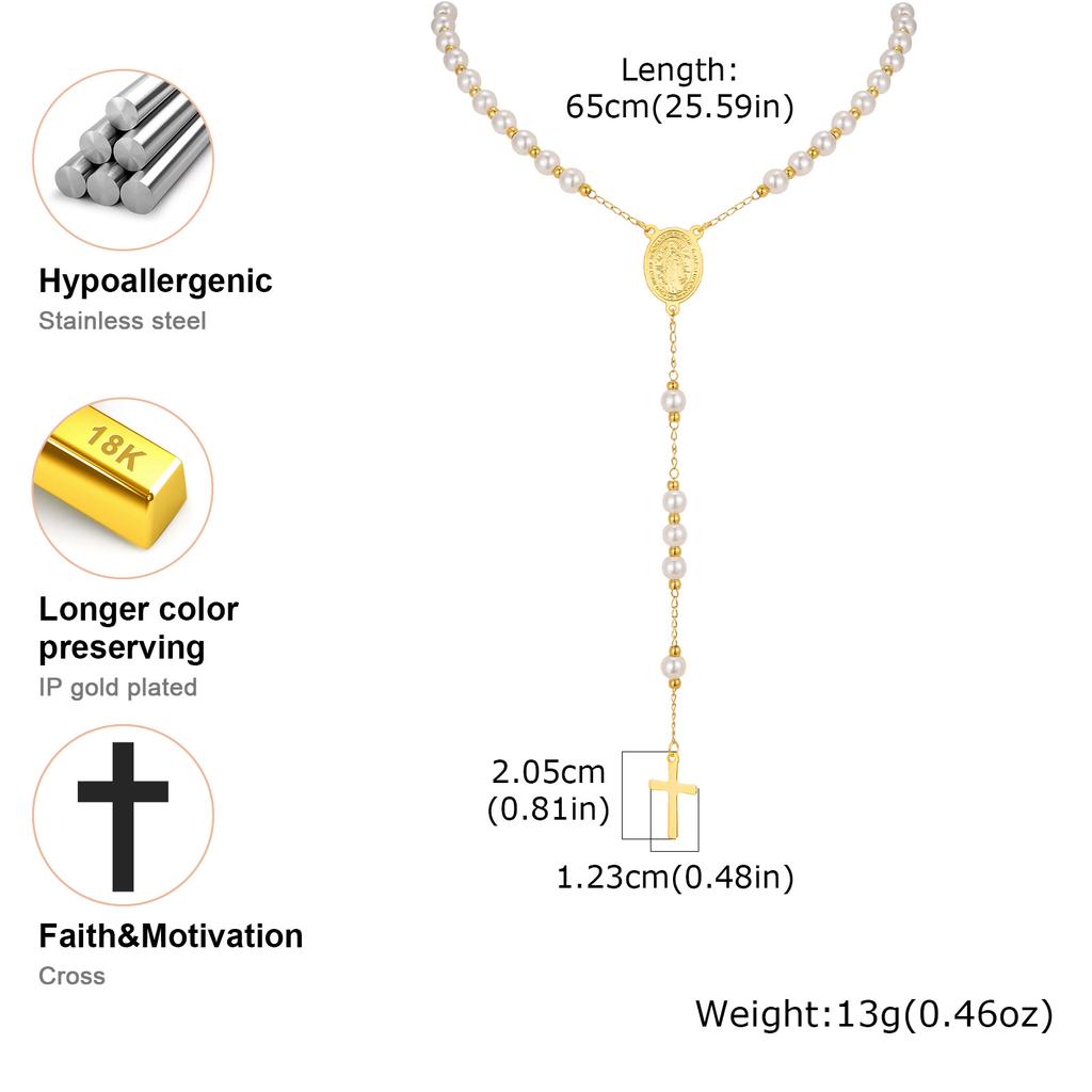 Holy Cross Rosary Virgin Necklaces Y-shaped, Women's Imitation Pearl Beaded Saint Benedict Necklace,Stainless Steel Jewelry Gift