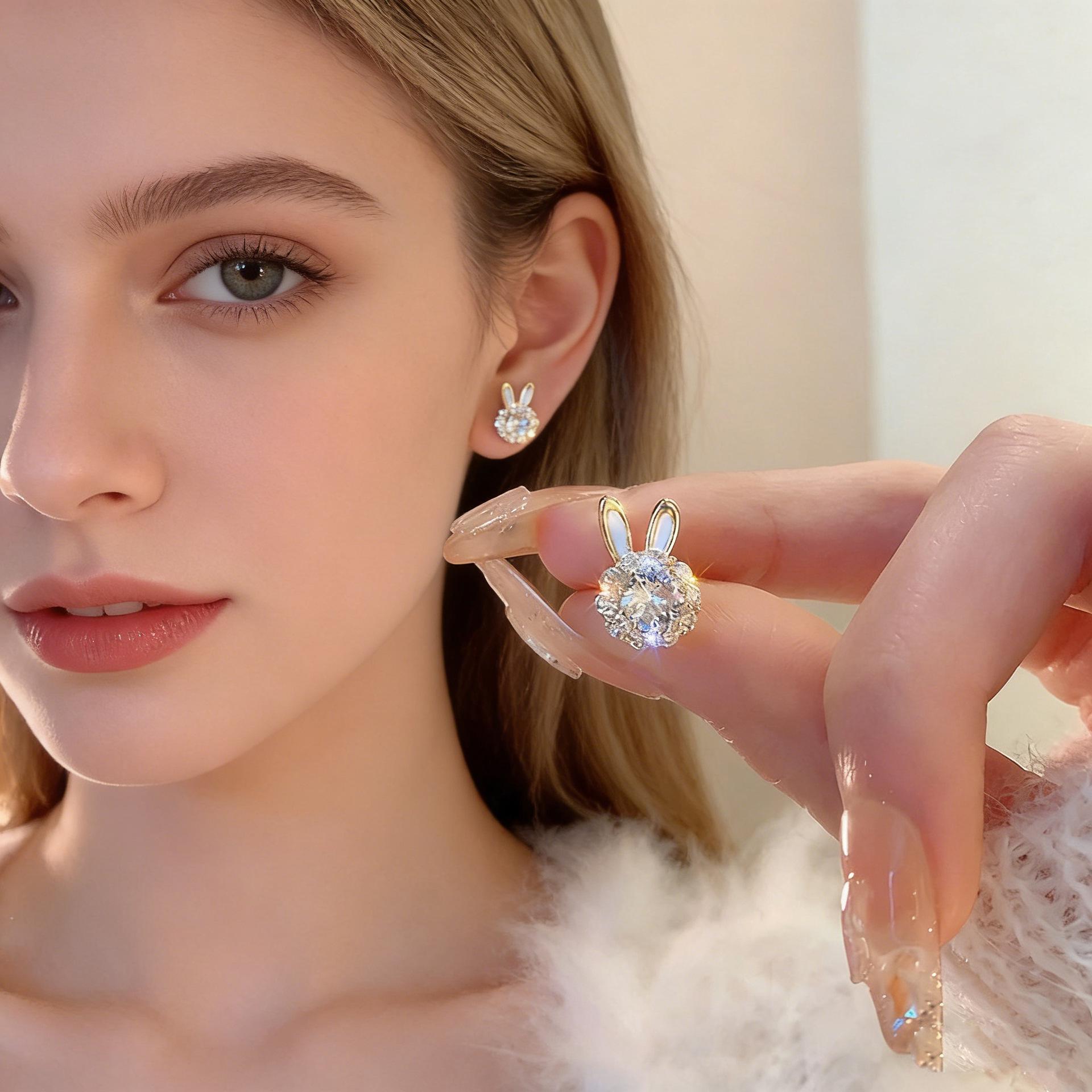 European Rhinestone Bunny Ear Studs: High-End Zircon Jewelry for Women