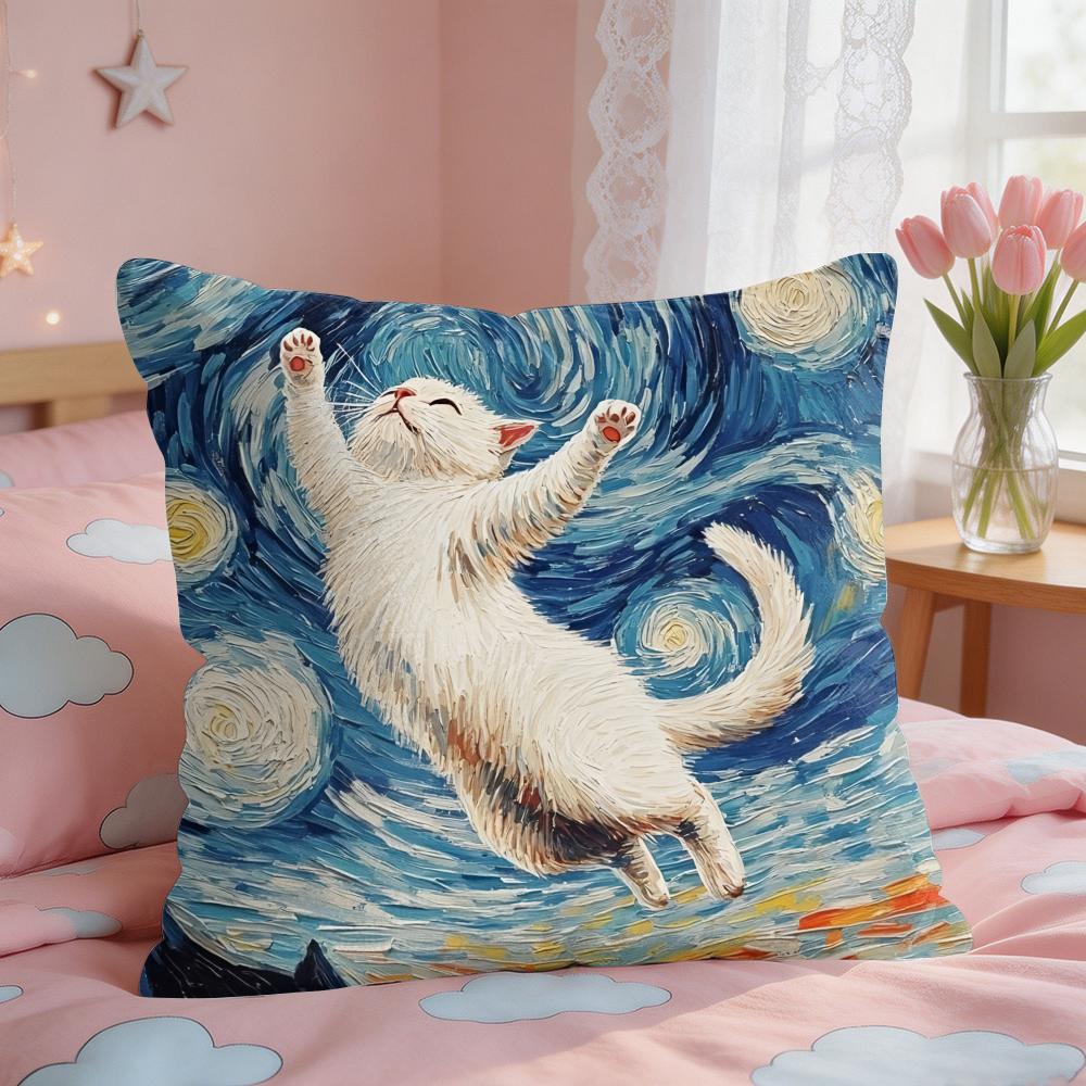 Van Gogh Starry Night Cat Cushion Cover Square Short Plush Pillow Case Living Room Sofa Home Decor Funda X