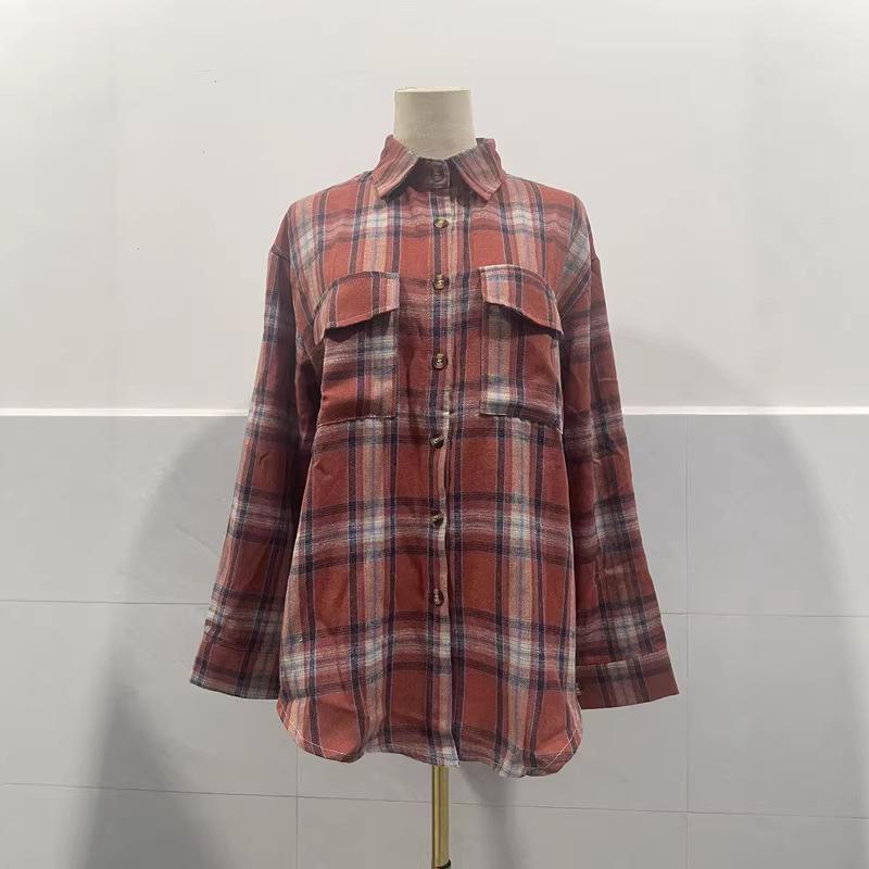 2025 Women's Cross-Border European and American Loose Plaid Pocket Shirt - Autumn/Winter Casual Fashion.