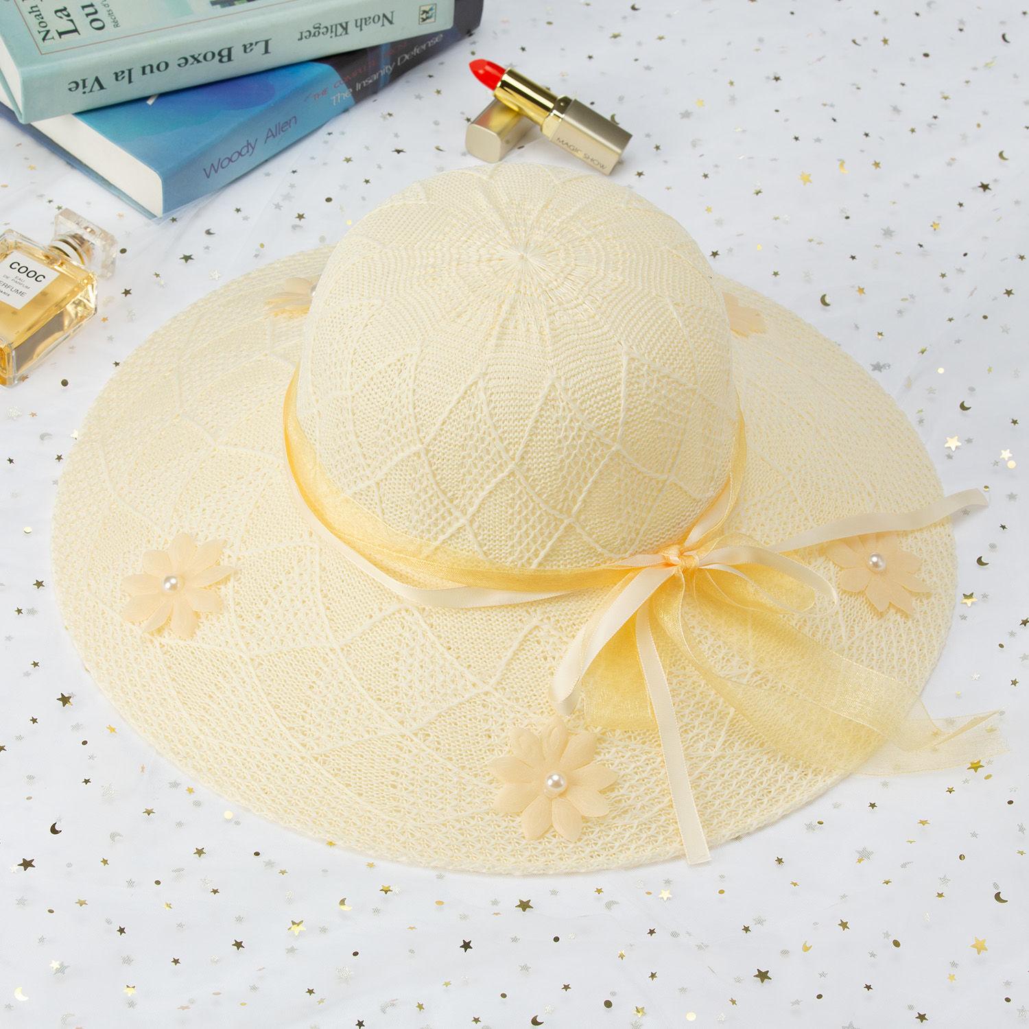 

Новая женская солнцезащитная шляпа с УФ-защитой, летняя солнцезащитная шляпа, складная шляпа с цветком и большими полями One Size