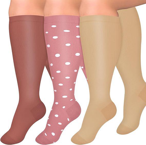 Three-Pair Pack Plus Size Knee-High Compression Socks for Wide Calf - Extra Large Support & Circulation Pressure Socks