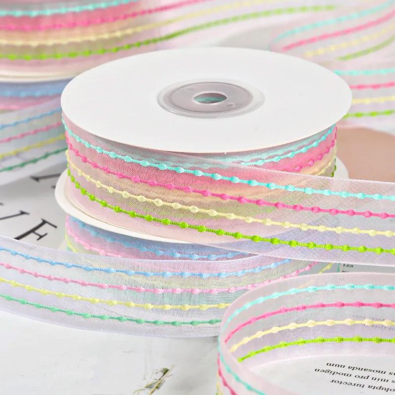 10yards/Roll Bow Ribbon Transparent Rainbow Color DIY Silk Ribbon 9 Meters Bouquet Gift Packaging 2.5cm Bubble