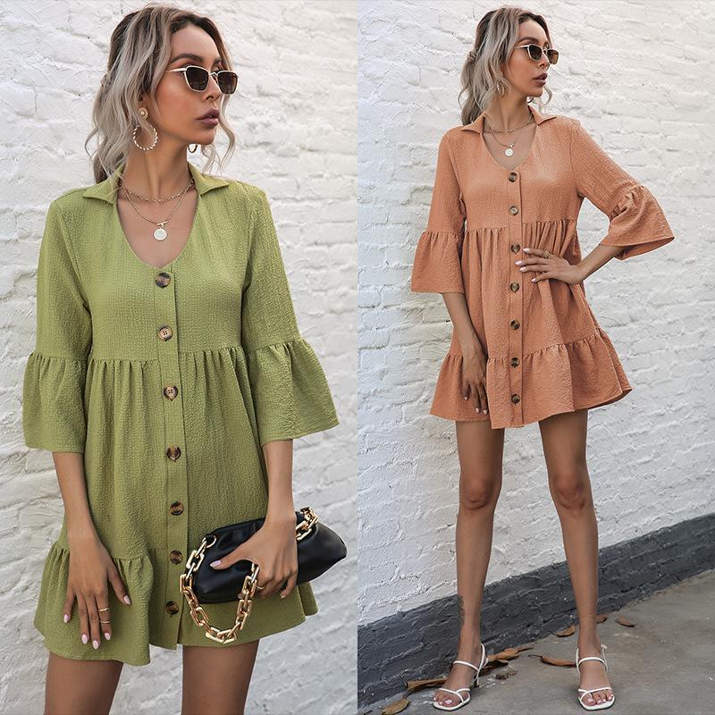 

Fashion loose skirt solid color lapel five-quarter sleeve doll dress S оранжевый