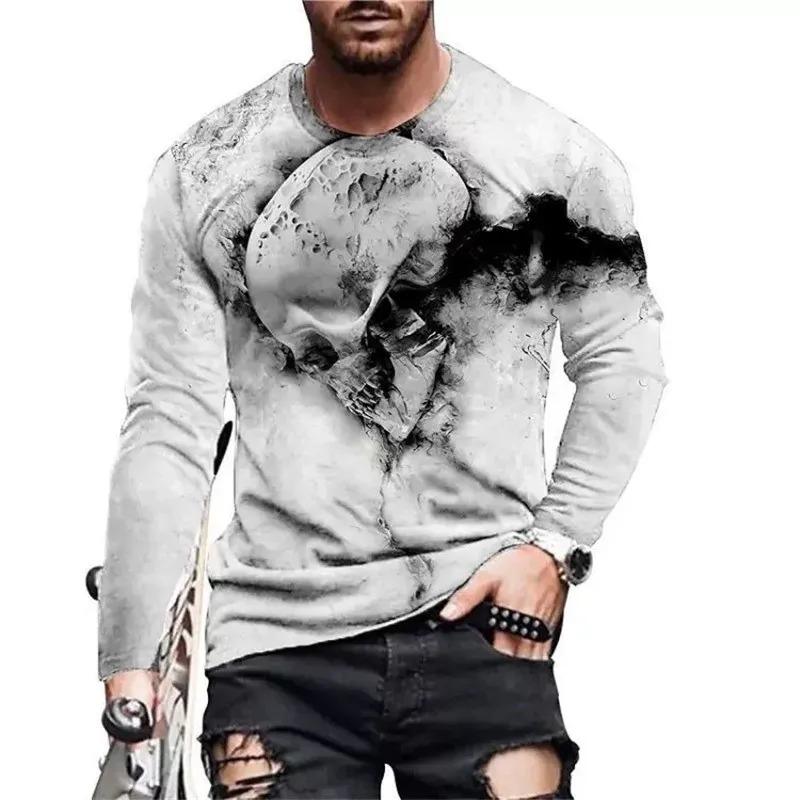 Męskie Koszulki z Graficznym Czaszką Długi Rękaw Szkielet 3D Print Street man t shirt jesień Dekolt Okrągły Casual Y2k Top oversize Męska odzież