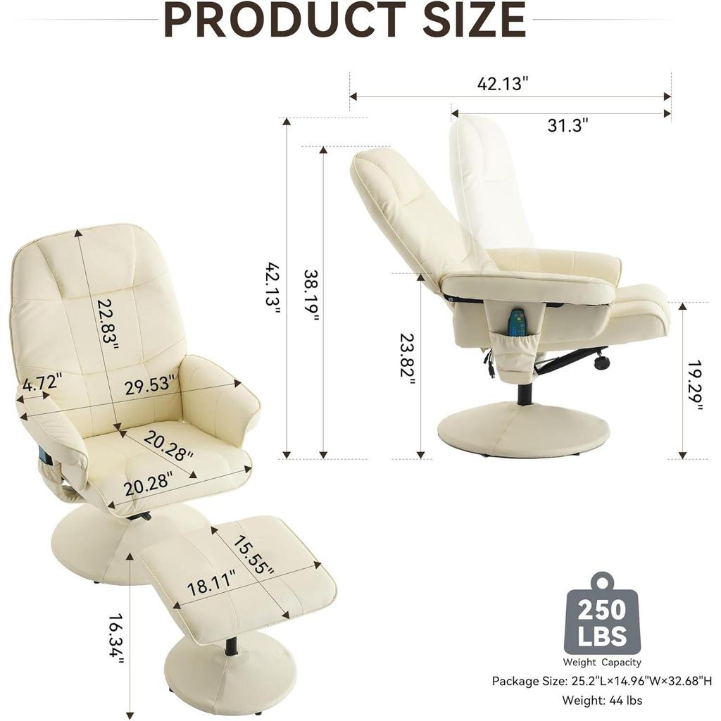 Swivel Recliner Ottoman Chair Remote Control Adjustable Vibration Massage Rocker 100-140 Reclining Living