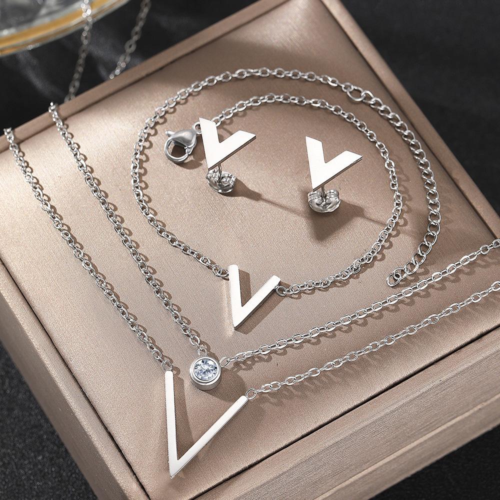 ZAKOL 3 Pcs Simple Stainless Steel Zircon Set Christian Cross V Letter Charm Earring Necklace Bracelet Accessories Zircon Gift