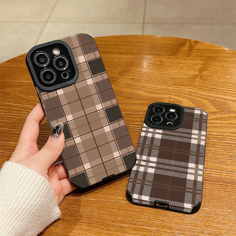 Vertical Grain Leather Shell Fashion Grid Printed Cover Patterned Soft Silicone Case with Camera Lens Full Protection for iPhone