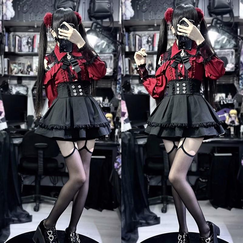 Jirai kei Outfit Lolita Dívčí Blůza Dámská Košile s Dlouhým Rukávem Kawii Mašle Černé Sukně Košile Y2K Sladký Japonský Dámský Styl Set