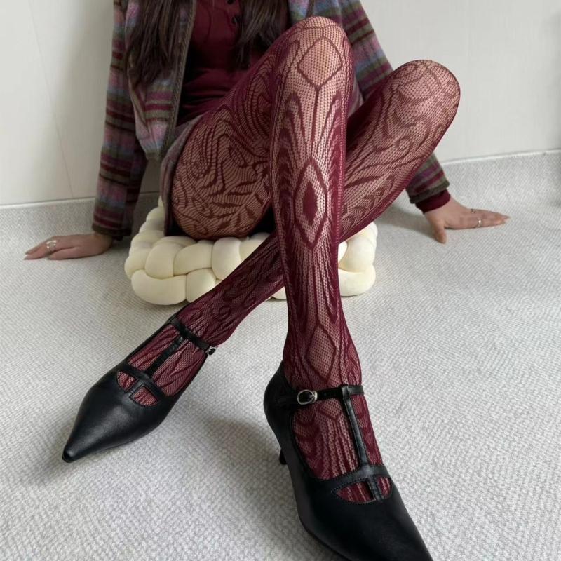 Women Vintage Hollowed Out Fishnet Pantyhose Stockings Japanese Aesthetic Exotic Patterned Sheer Mesh Tights Leggings