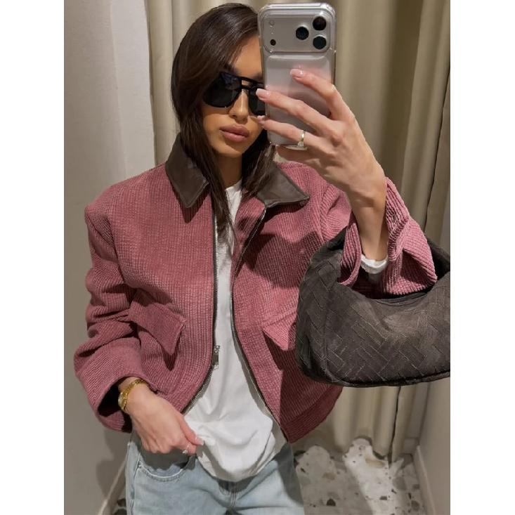 Spring Pink Casual Jacket Women's Loose Fit Streetwear Front Zipper Pockets Lounge Wear Daily Outerwear