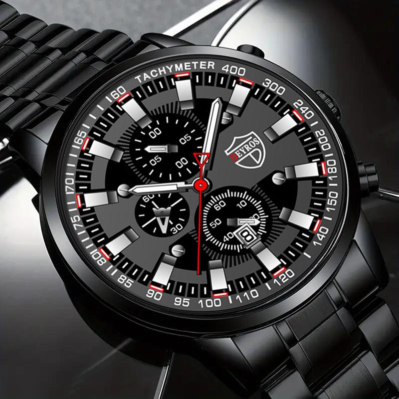 3pcs/set 1pc Fashion Men's Calemdar Business Stainless Steel Quartz Watch & 1pc Men's Bracelet & 1pc Men's Neckalce