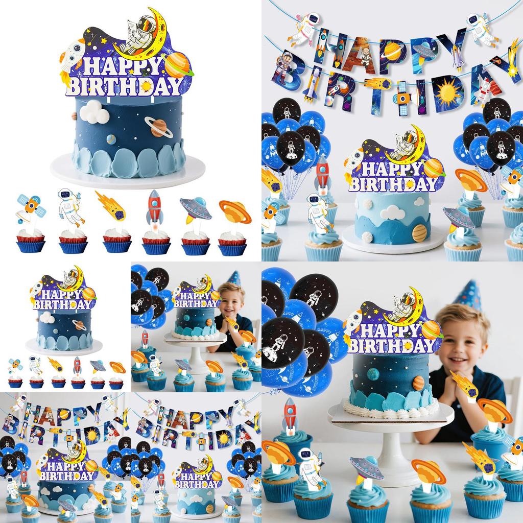 Astronaut Themed Birthday Party Supplies With Paper Flag Banners And Latex Balloons For Celebrations