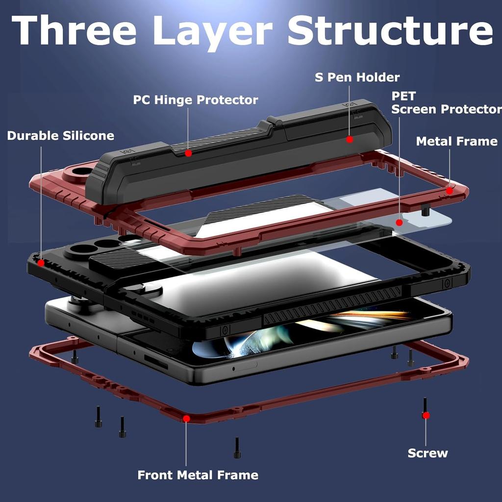 With S Pen Holder Case for Samsung Z Fold 7 6 5 4 Metal Cover Tough Heavy Duty Full-Body Shockproof Shell Screen Protector Stand